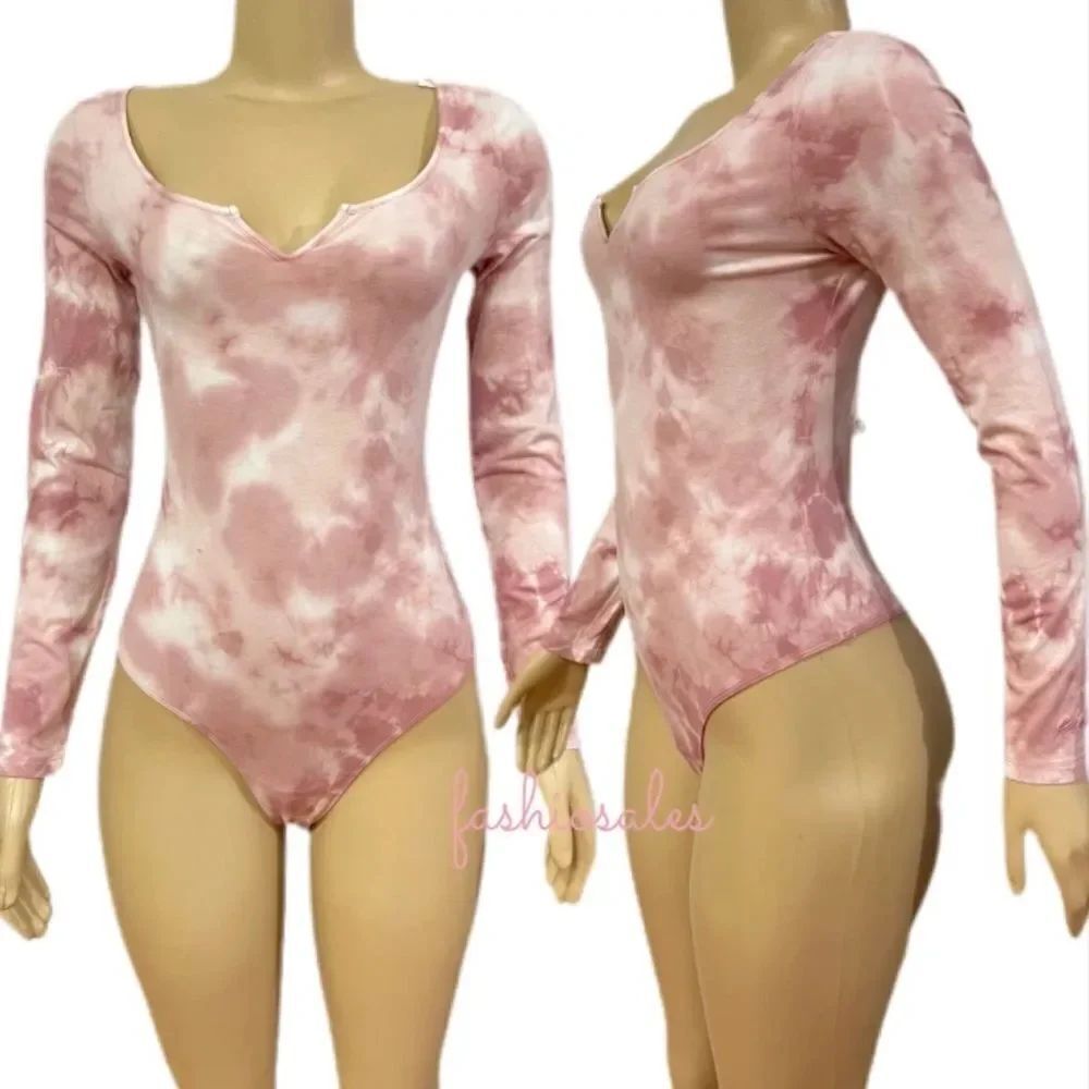 Victorias Secret Pink Soft Cotton Long Sleeve Bodysuit Shirt Pink Top Tie Dye L